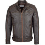Mens Real Leather Biker Style Zip Jacket Classic Cafe Racer Ethan Brown - Image 3