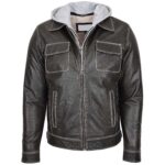 Men’s Grey Leather Biker Jacket Detachable Hoodie Work Style