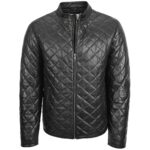 Mens Real Leather Quilted Jacket Cross Stitch Anorak Jeff Black - Image 2