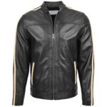 Real Leather Biker Jacket with Racing Stripes Clyde Black - Image 4
