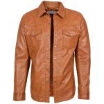 Men’s Leather Shirt Lambskin Western Stylish Shirt TAN - Image 3