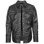 Men's Black Sheepskin Leather Western Shirt - Image 2
