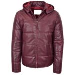 Men Leather Puffer Jacket fully Padded with hood RED - Image 3