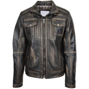 Mens Leather Standing Collar Jacket Paul Zenith Brown