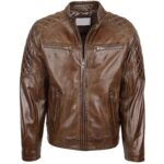 Mens Real Leather Biker Jacket Quilt Detailing Jackson Brown - Image 2