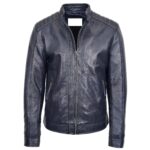 Mens Real Leather Biker Jacket Archie Luna Navy Blue