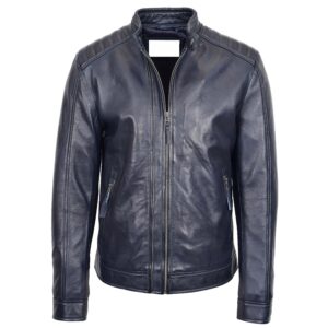 Mens Real Leather Biker Jacket Archie Luna Navy Blue