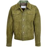Mens Real Suede Trucker Harrington Jacket Daryl Aurora Green