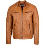 Mens Real Leather Biker Jacket Cafe Racer in TAN - Image 3