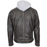 Men’s Grey Leather Biker Jacket Detachable Hoodie Work Style - Image 3