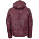 Men Leather Puffer Jacket fully Padded with hood RED - Image 4