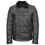 Men Leather Biker Puffer Black Jacket