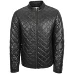 Mens Real Leather Quilted Jacket Cross Stitch Anorak Jeff Black