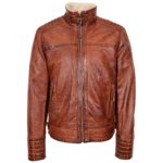 Mens Leather Sherpa Lined Jacket Alfie Zenith Brown - Image 3