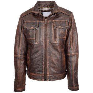 Mens Leather Urban Biker Style Jacket Hugo Zenith Brown Vintage