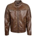 Mens Real Leather Biker Jacket Quilt Detailing Jackson Brown