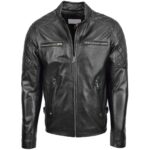 Mens Real Leather Biker Jacket Quilt Detailing - Image 3