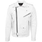 Men’s White Leather Biker Jacket Heavy Duty