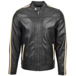 Real Leather Biker Jacket with Racing Stripes Clyde Black