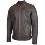 Mens Real Leather Biker Style Zip Jacket Classic Cafe Racer Ethan Brown - Image 2
