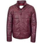 Men Leather Puffer Jacket fully Padded with hood RED - Image 5