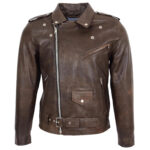 Mens Leather Biker Jacket Cross Zip Brando Style