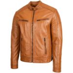 Mens Real Leather Biker Jacket Cafe Racer in TAN - Image 2