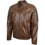 Mens Real Leather Biker Jacket Quilt Detailing Jackson Brown - Image 3