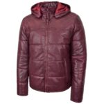 Men Leather Puffer Jacket fully Padded with hood RED