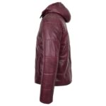 Men Leather Puffer Jacket fully Padded with hood RED - Image 2